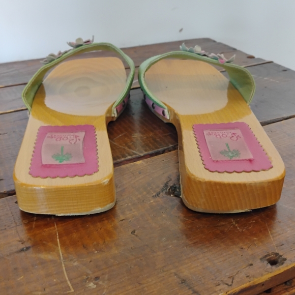 Lilly Pullitzer Vintage Green Leather Wooden Sandals Mules Floral Italy Size 10 - Picture 4 of 10
